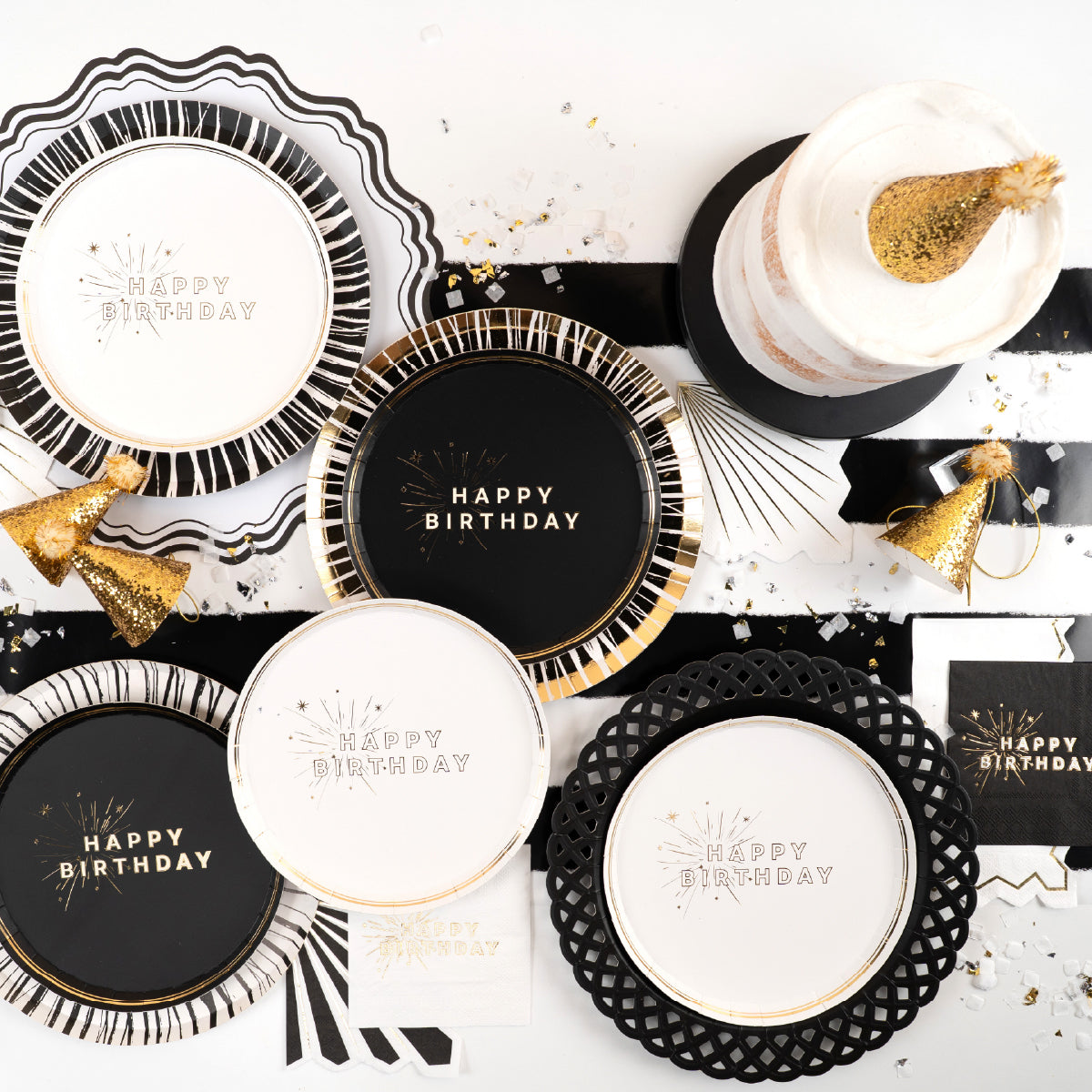 Black Happy Birthday Dessert Plates